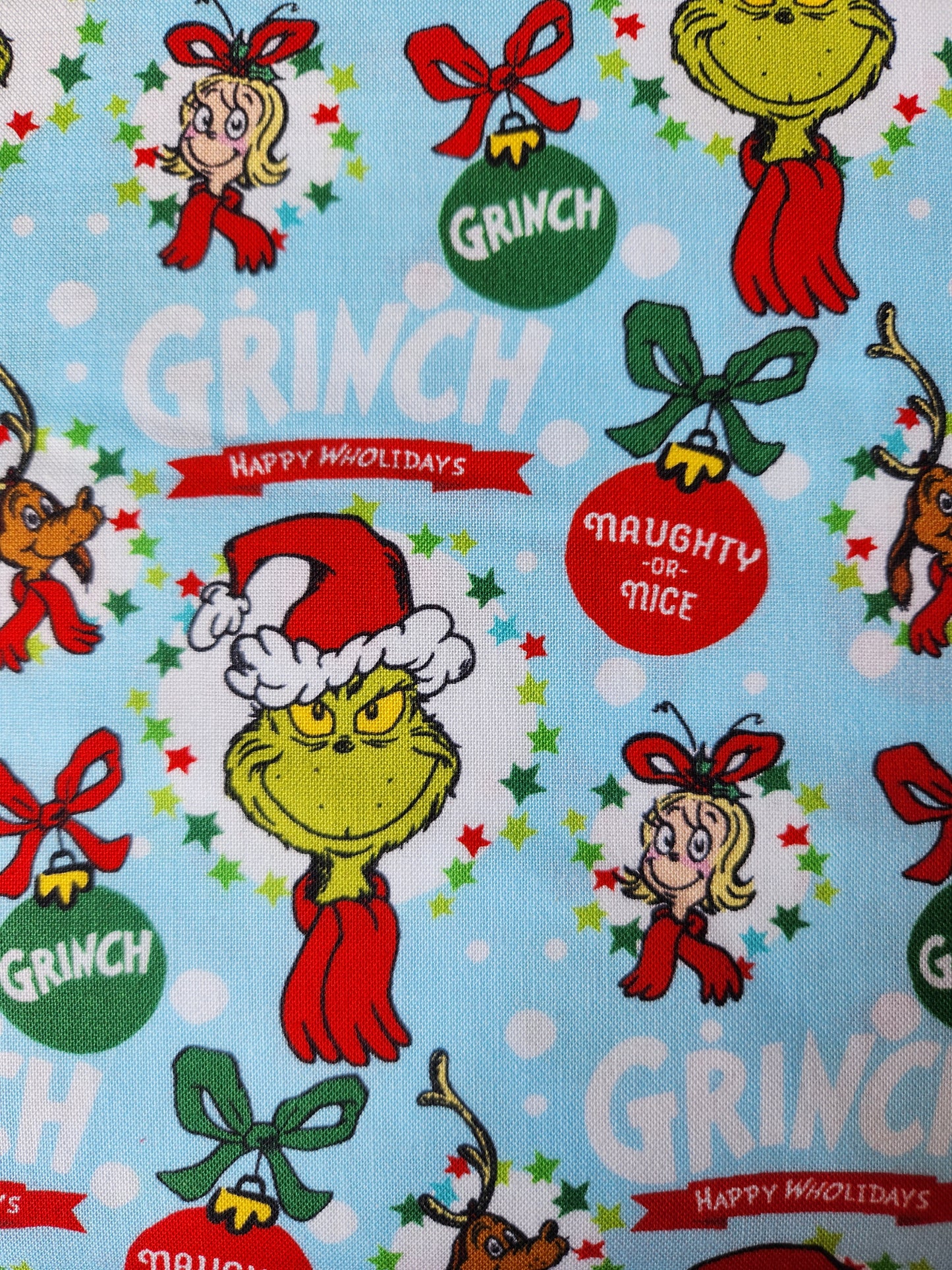 Christmas fabric - grinch with light blue background