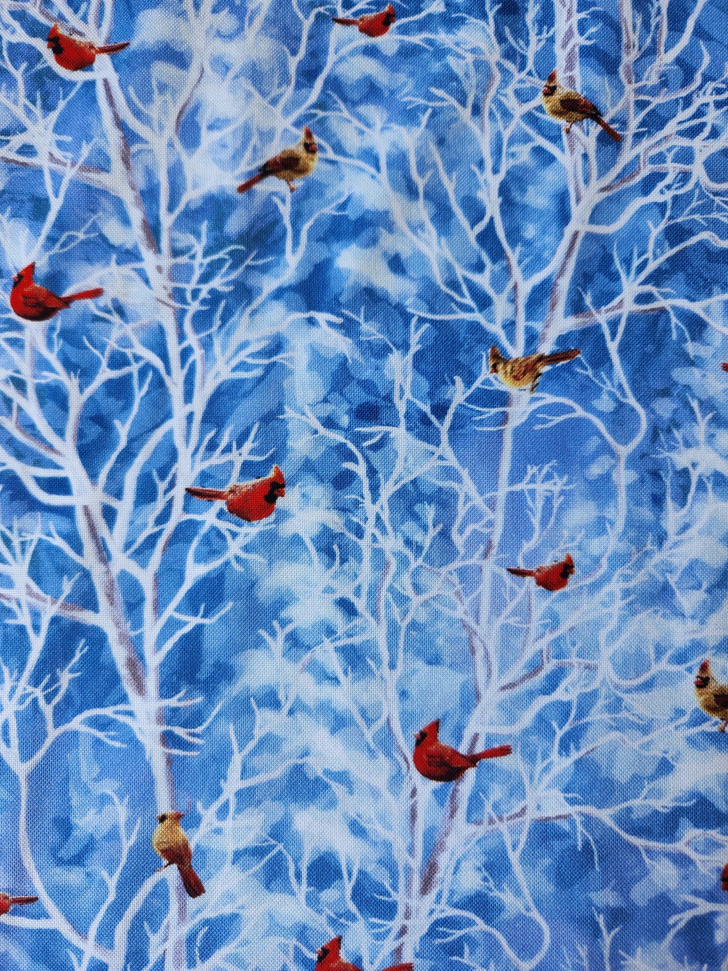 Christmas fabric. Blue with Cardinals on trees branches