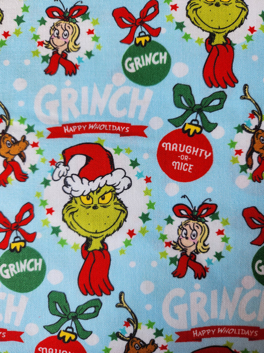 Christmas fabric - grinch with light blue background