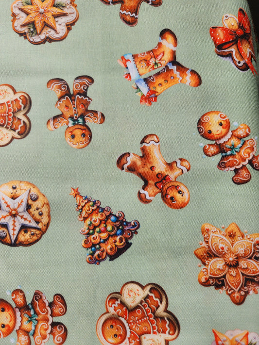 Christmas Fabric RK Frosted Gingerbread men sage