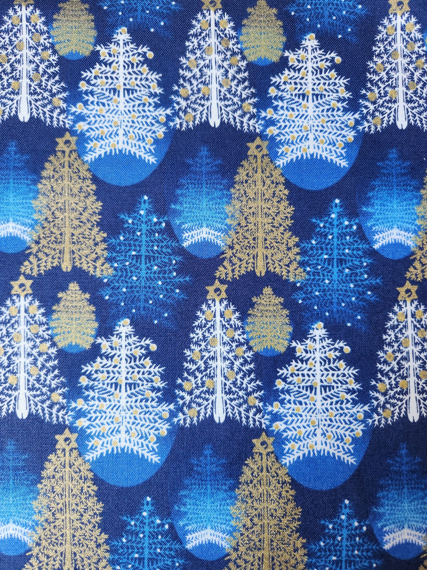 Christmas fabric blue with white and gold christmas trees