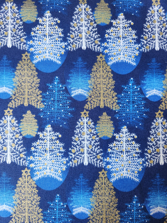 Christmas fabric blue with white and gold christmas trees