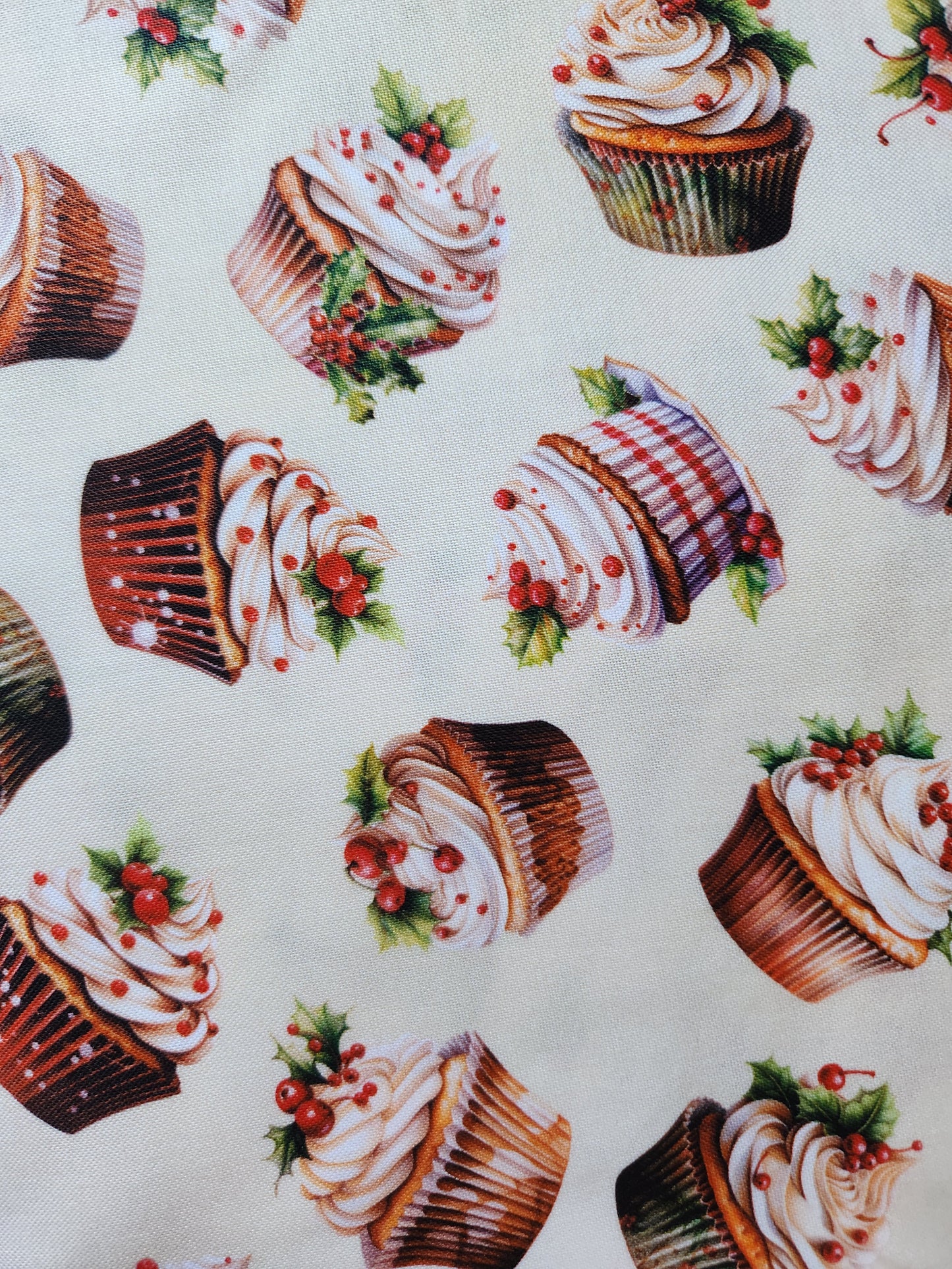 Christmas Fabric RK Frosted cupcakes with cream background