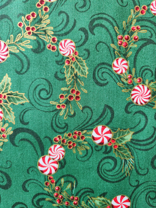 Christmas fabric - green background with red and white accents