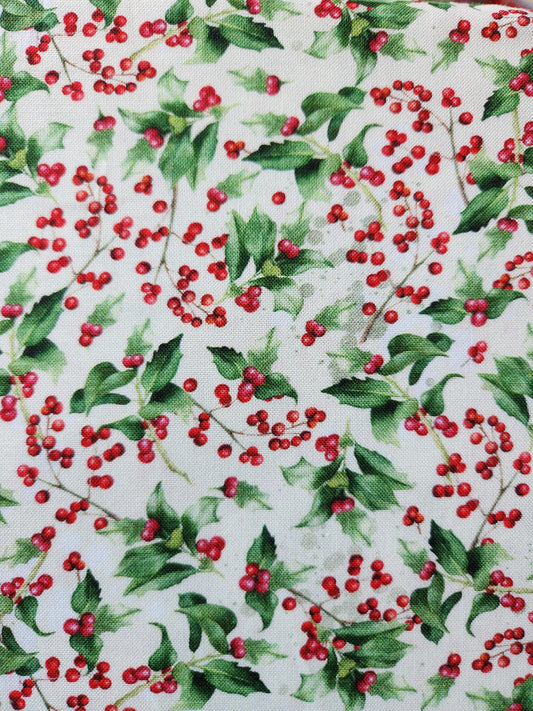 Christmas fabric - cream background with green leaves and red holly berries